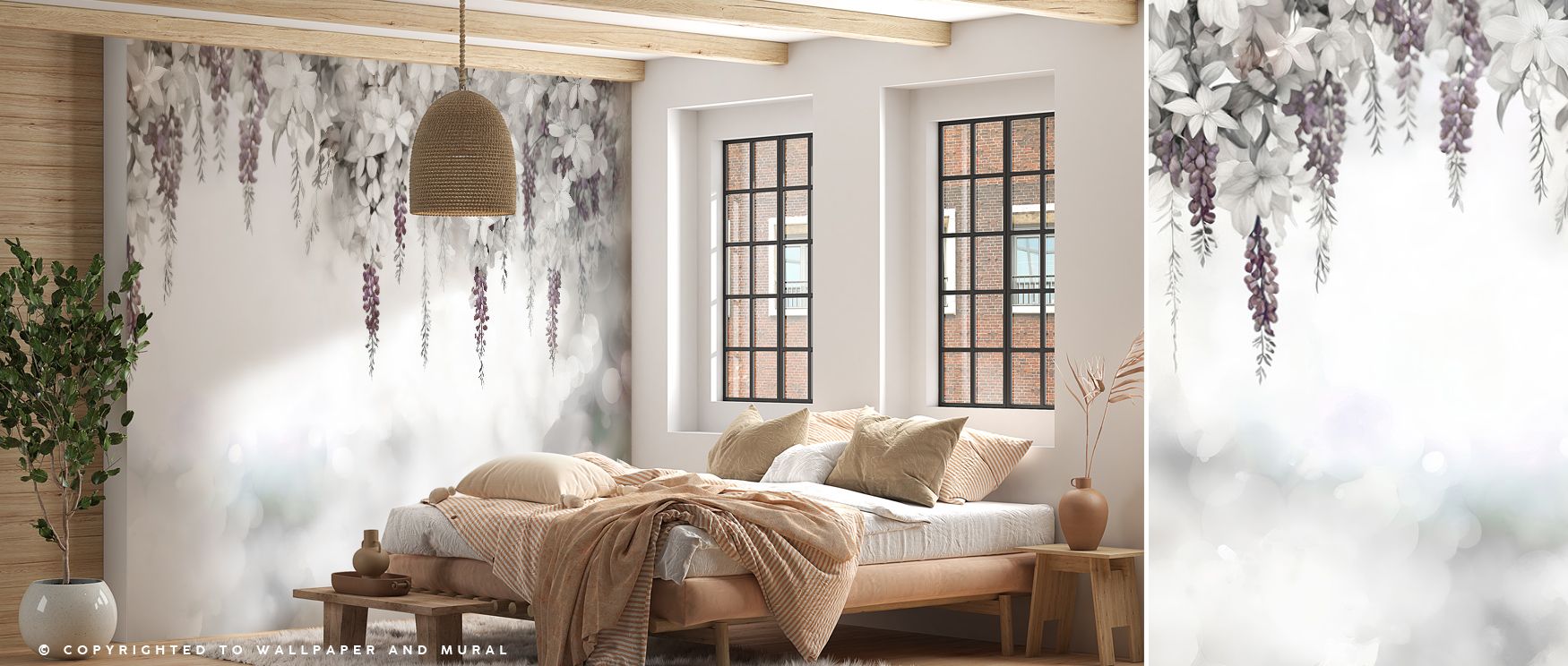 Gentle Wisteria Garden Purple Wallpaper beams botanical beauty, blossoms weaving charm across interiors. Its tones enrich bedrooms or lounges, uplifting mood gracefully. The design thrives on freshness, weaving serenity into walls. It transforms daily spa