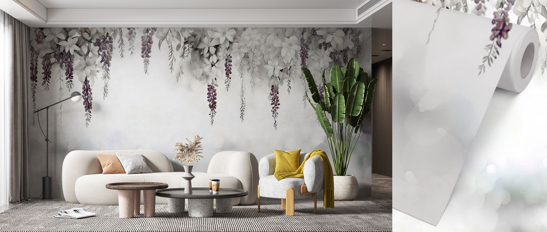 Gentle Wisteria Garden Purple Wallpaper radiates charm, floral tones enriching interiors naturally. Bedrooms or reflective spaces thrive under its presence. The design thrives on rhythm, uplifting mood gracefully. It enhances walls with artistry, weaving 