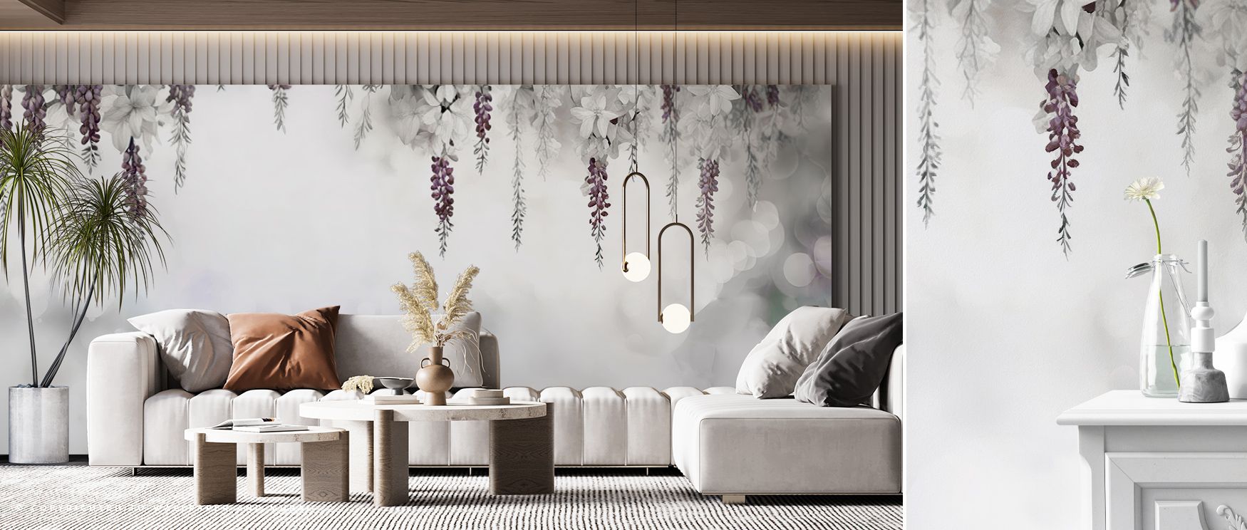 Botanical elegance defines Gentle Wisteria Garden Purple Wallpaper, tones radiating balance. Its blossoms enrich family spaces or lounges, uplifting mood naturally. The design thrives on floral rhythm, weaving charm into walls. It transforms homes into se