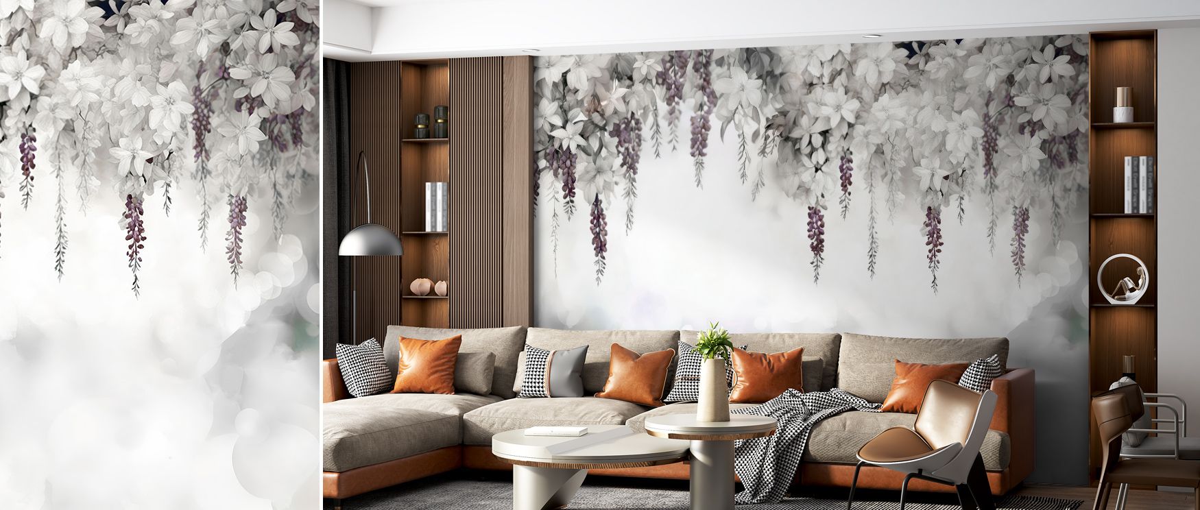 Gentle Wisteria Garden Purple Wallpaper beams freshness, floral imagery cascading gracefully. Its tones suit reflective rooms or bedrooms, uplifting mood naturally. The design thrives on artistry, weaving charm into interiors. It enhances walls gracefully
