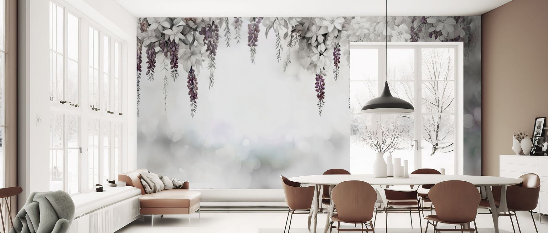 Gentle Wisteria Garden Purple Wallpaper beams serenity, blossoms radiating decorative beauty. Suitable for kitchens or reflective corners, it uplifts mood naturally. The design thrives on balance, weaving artistry into walls. It transforms daily environme
