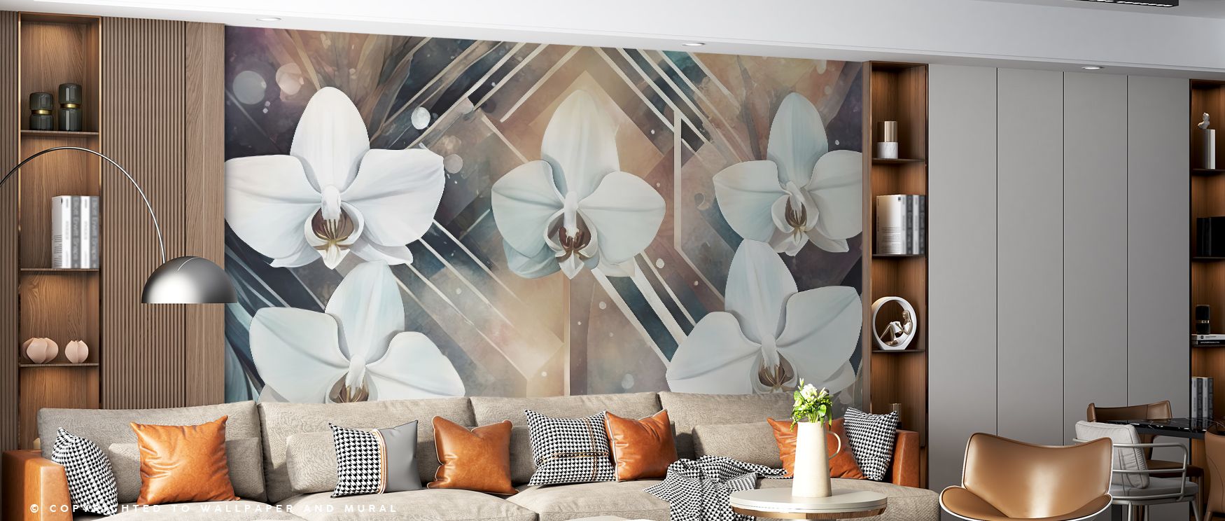 Geometry and Orchids Wallpaper beams sophistication, tones radiating modern artistry. Its motifs suit bedrooms or reflective spaces, uplifting mood gracefully. The design thrives on balance, weaving grace into homes. It enriches walls naturally, creating 