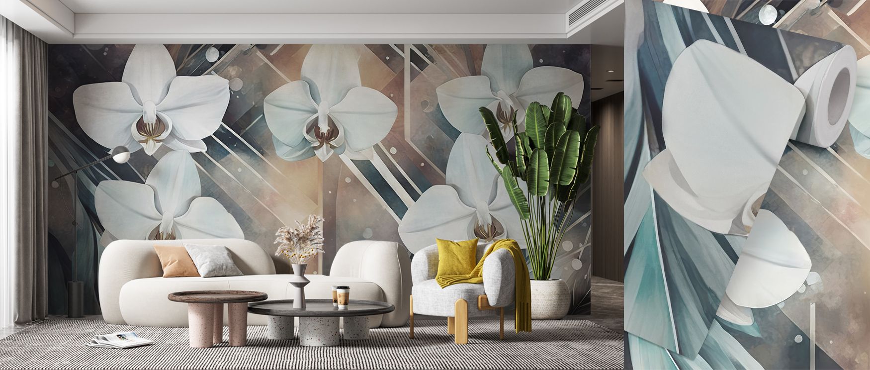 Geometry and Orchids Wallpaper radiates artistry, geometric forms and orchids enriching interiors. Its tones suit reflective spaces or family rooms, uplifting mood naturally. The design thrives on rhythm, weaving creativity into walls. It enhances daily l