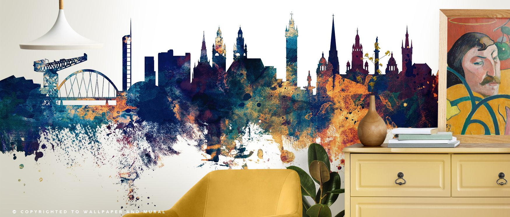 Glasgow Scotland Skyline Blue & Bronze Wallpaper beams sophistication, tones enriching interiors with charm. Bedrooms or lounges thrive under its presence. The design thrives on culture, weaving elegance into homes. It uplifts walls gracefully, offering i