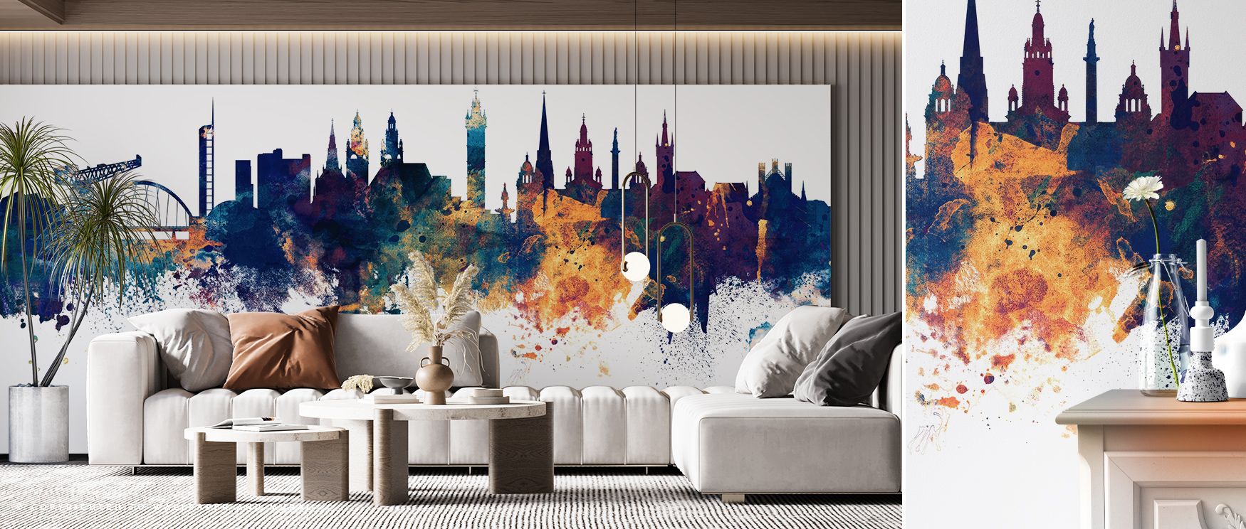 Glasgow Scotland Skyline Blue & Bronze Wallpaper beams urban beauty, architecture radiating charm. Its tones enrich bedrooms or reflective rooms, uplifting mood gracefully. The design thrives on rhythm, weaving culture into walls. It enriches interiors na