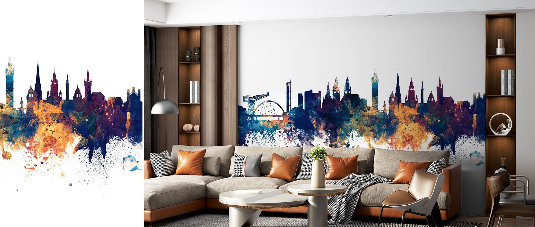 Urban charm defines Glasgow Scotland Skyline Blue & Bronze Wallpaper, tones radiating elegance. Its imagery enriches studies or reflective spaces, uplifting mood naturally. The design thrives on heritage presence, weaving rhythm into walls. It transforms 