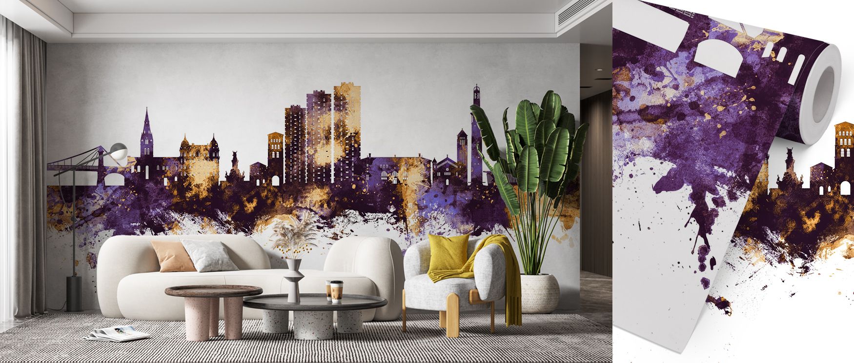 Grenoble Skyline Purple & Gold Wallpaper beams grandeur, architecture radiating elegance. Its tones enrich studies or reflective rooms, uplifting mood naturally. The design thrives on cultural detail, weaving artistry into interiors. It enhances walls gra