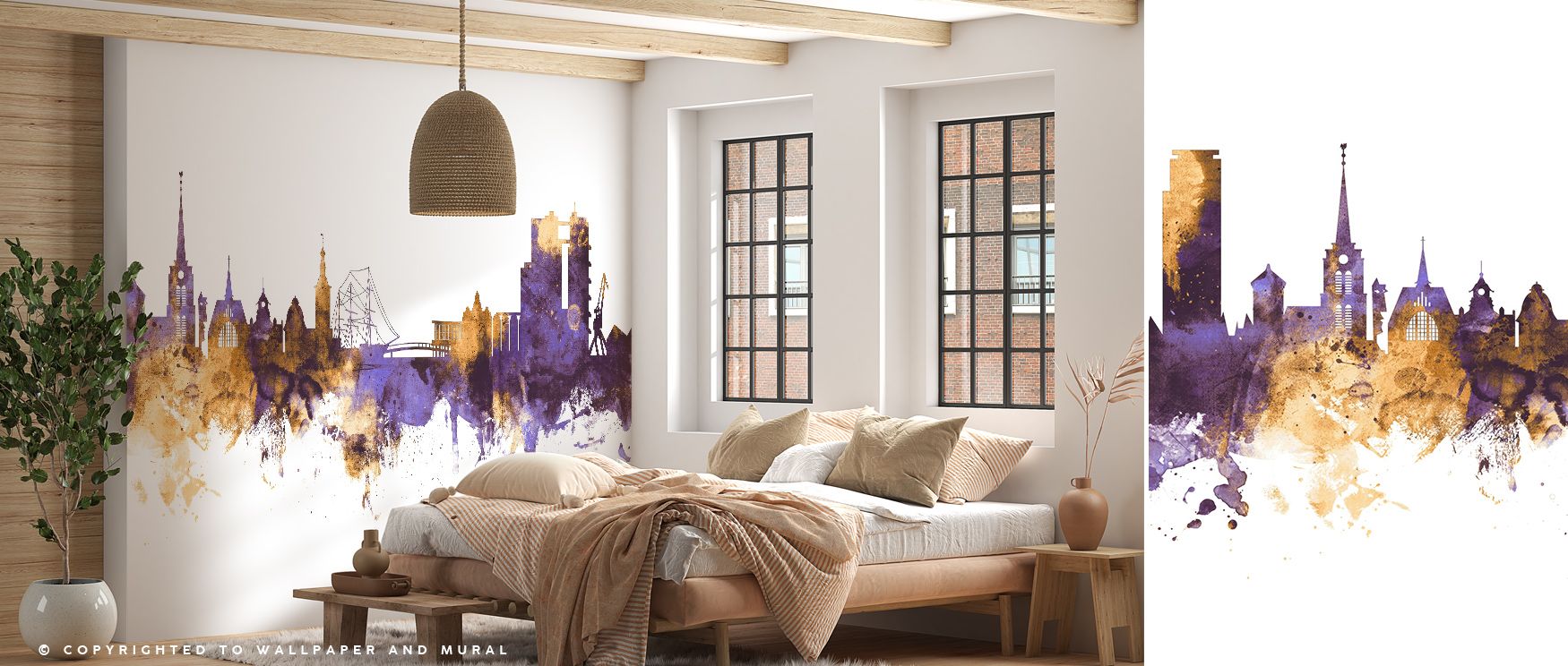 Halmstad Sweden Skyline Purple & Gold Wallpaper radiates luxury, architecture enriching interiors gracefully. Suitable for reflective rooms or studies, it uplifts mood naturally. The design thrives on artistry, weaving rhythm into walls. It transforms hom