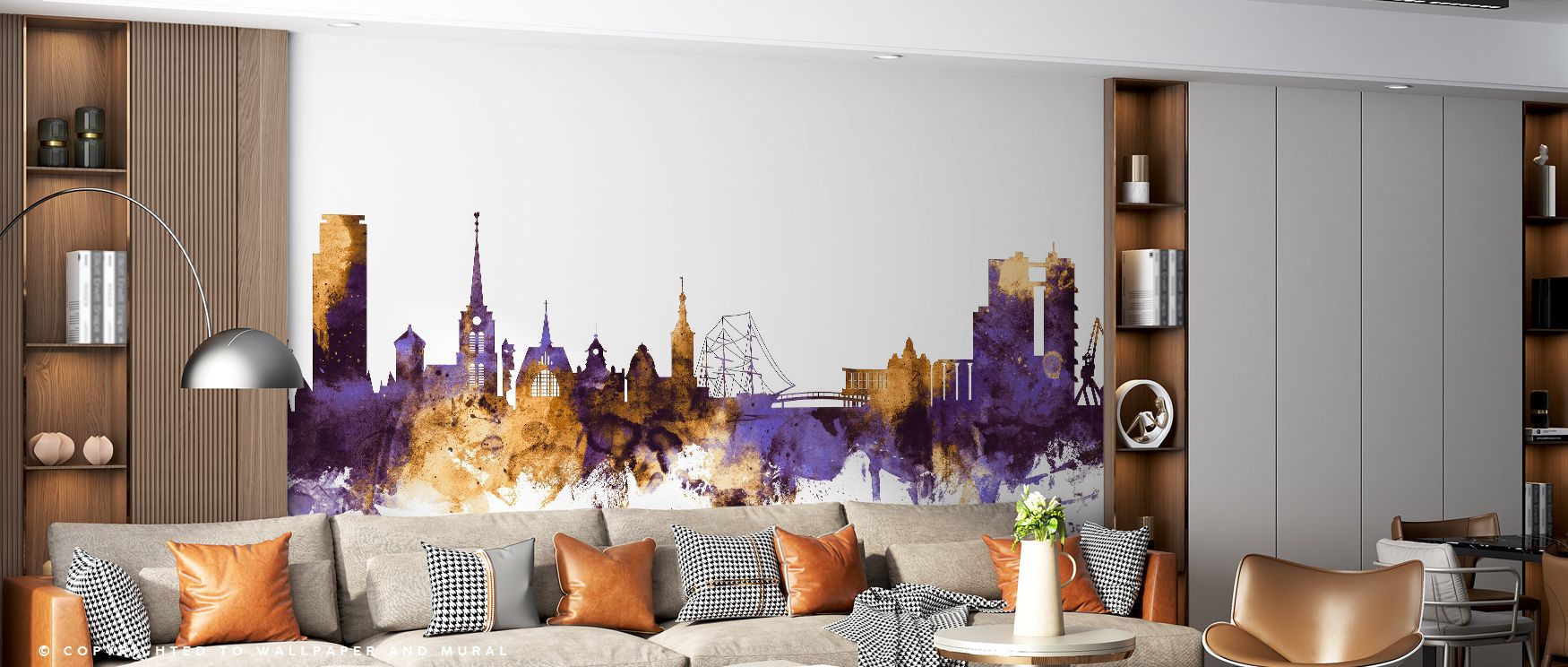 Through cultural rhythm, Halmstad Sweden Skyline Purple & Gold Wallpaper beams elegance. Its tones suit reflective spaces or bedrooms, uplifting mood naturally. The design thrives on artistry, weaving refinement into homes. It enriches interiors gracefull