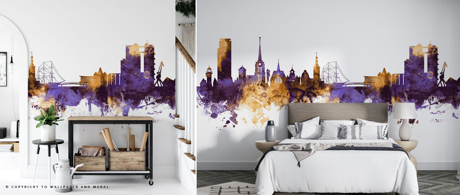 Halmstad Sweden Skyline Purple & Gold Wallpaper beams richness, tones radiating grandeur. Its imagery suits reflective rooms or kitchens, uplifting mood naturally. The design thrives on artistry, weaving balance into homes. It enhances walls gracefully, e