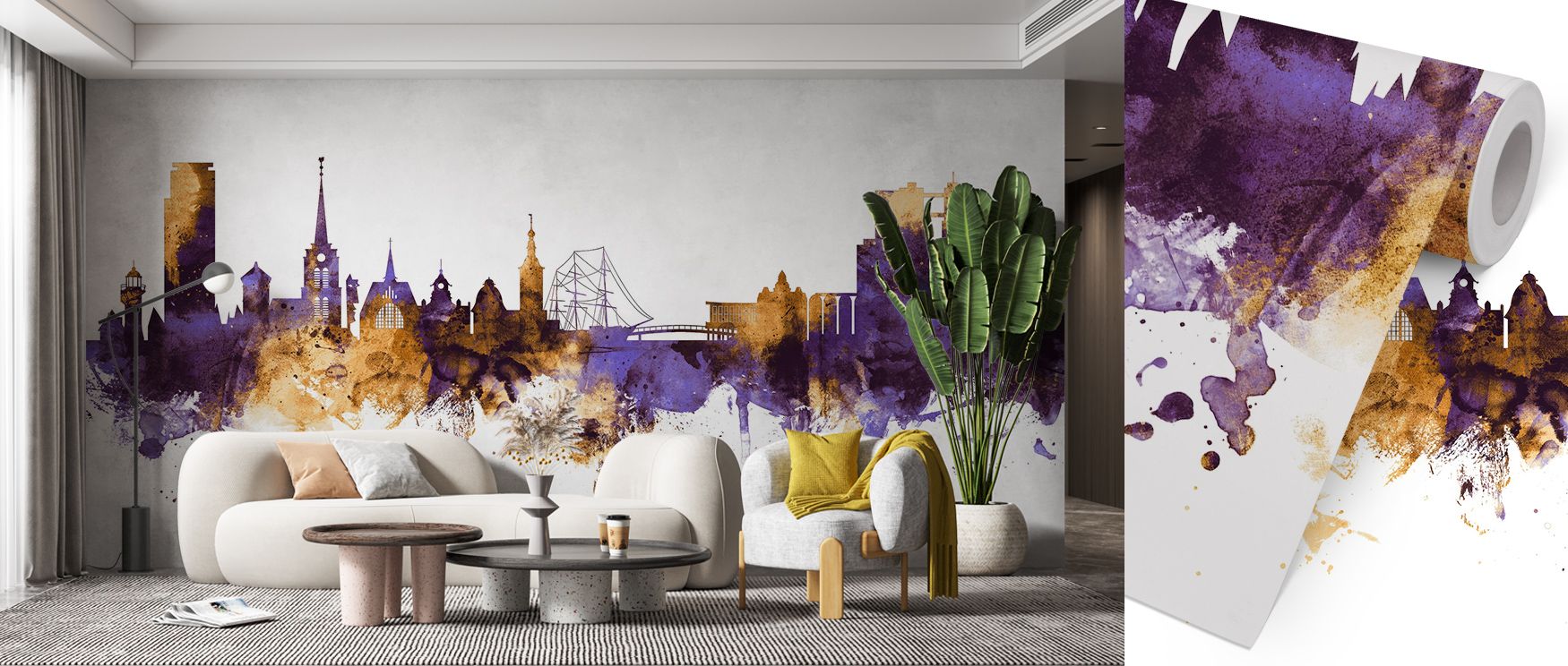 Regal elegance defines Halmstad Sweden Skyline Purple & Gold Wallpaper, tones radiating cultural charm. Bedrooms or reflective spaces thrive under its imagery. The design thrives on artistry, weaving refinement into homes. It transforms interiors graceful