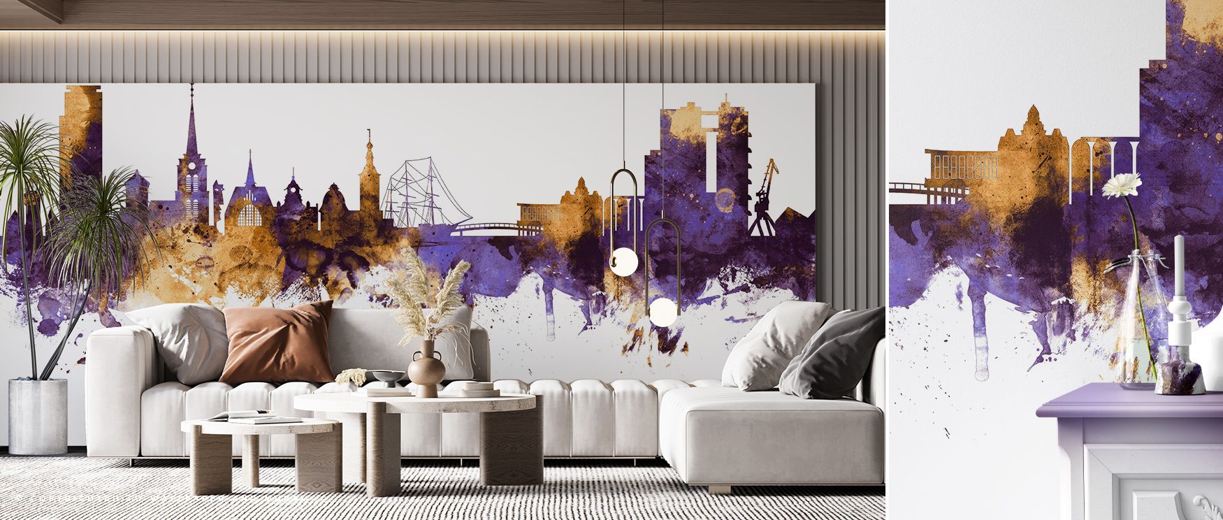 Halmstad Sweden Skyline Purple & Gold Wallpaper beams refinement, tones radiating richness. Its imagery suits reflective spaces or living rooms, uplifting mood naturally. The design thrives on artistry, weaving culture into homes. It enhances walls gracef