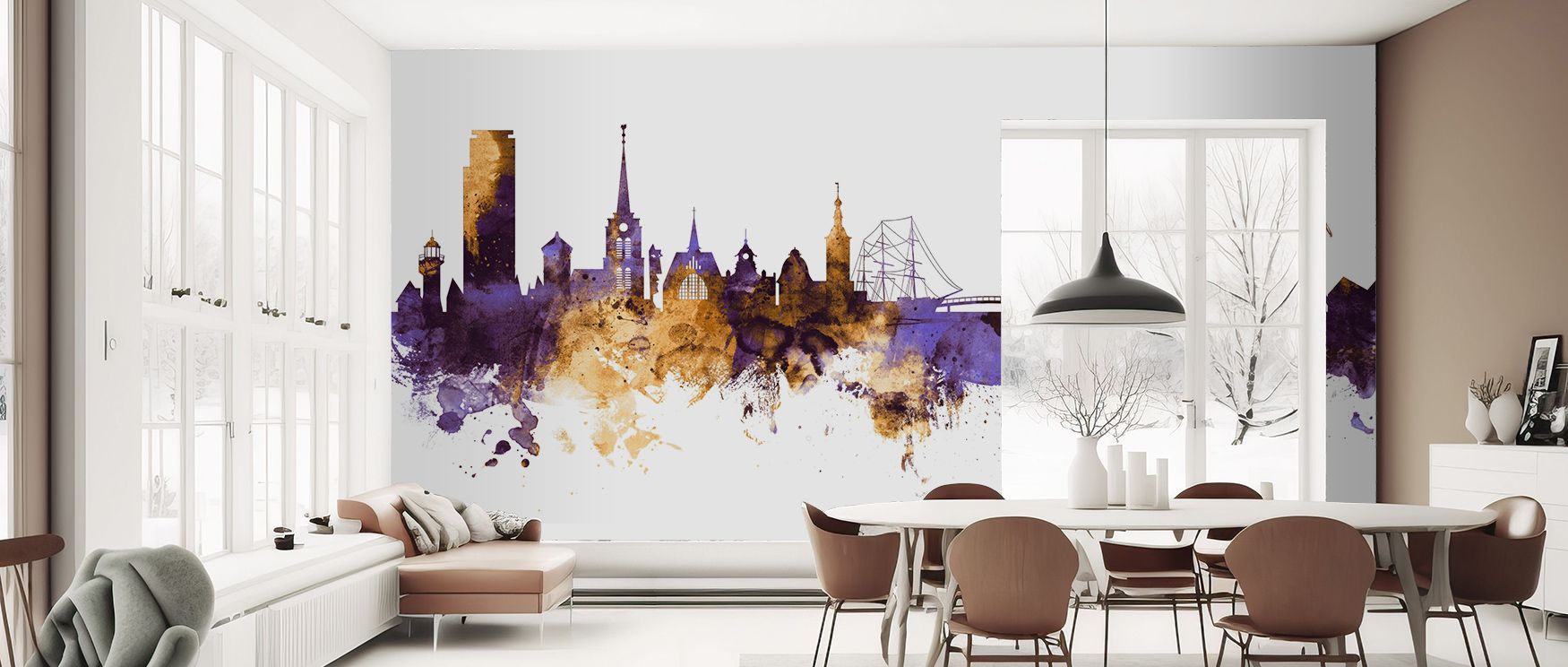 Halmstad Sweden Skyline Purple & Gold Wallpaper beams cultural richness, tones radiating elegance. Its imagery suits reflective corners or lounges, uplifting mood naturally. The design thrives on artistry, weaving rhythm into interiors. It enhances homes 