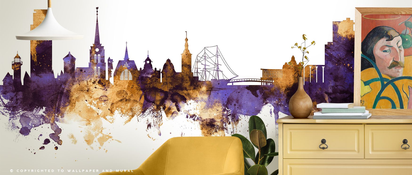 With cultural presence, Halmstad Sweden Skyline Purple & Gold Wallpaper beams artistry. Its tones enrich studies or reflective spaces, uplifting mood naturally. The design thrives on regal charm, weaving refinement into interiors. It transforms walls grac
