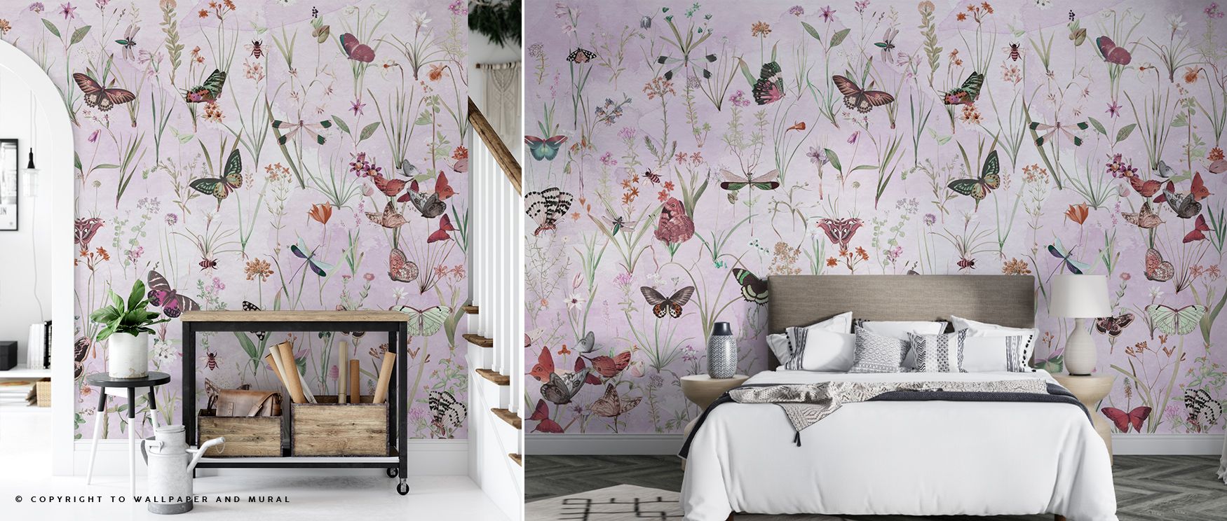 Herbals and Butterflies Lilac Wallpaper radiates charm, motifs arranged with elegance. Suitable for reflective spaces or kitchens, it uplifts mood naturally. The design thrives on balance, weaving serenity into homes. It enriches interiors gracefully, ens