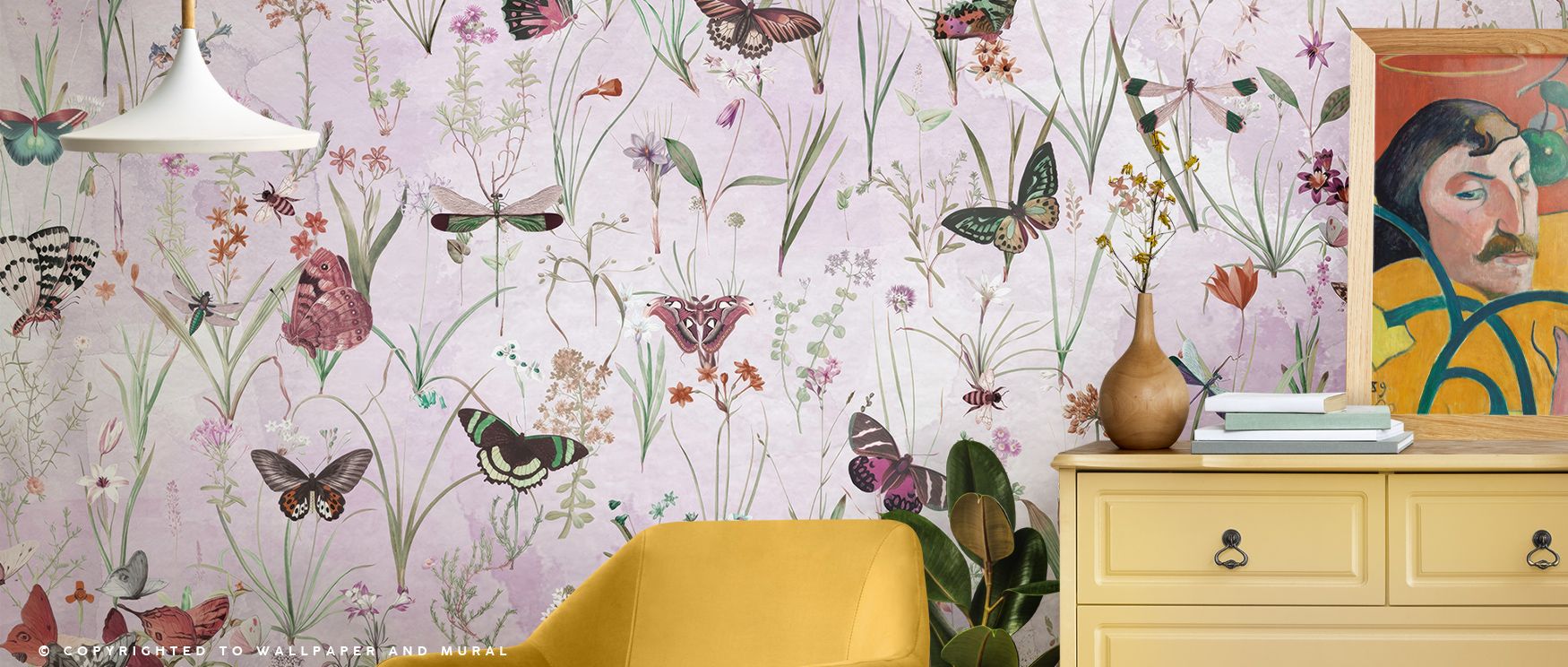 Herbals and Butterflies Lilac Wallpaper beams botanical artistry, tones radiating calmness. Its imagery suits reflective spaces or lounges, uplifting mood naturally. The design thrives on balance, weaving serenity into homes. It transforms interiors grace