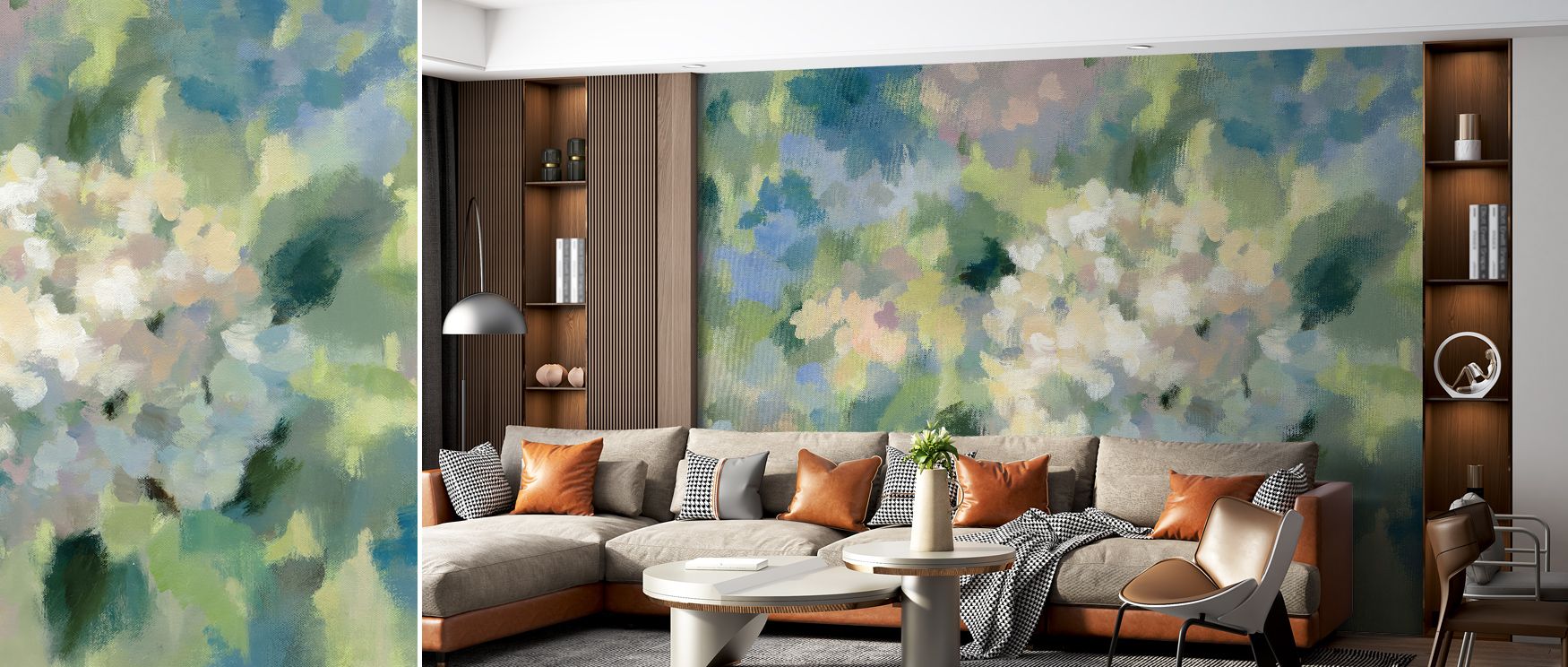 Through layered hydrangea blossoms, Hydrangea Mosaic Wallpaper creates balance of charm and calm refinement. Perfect for offices or lounges, its imagery enhances walls with atmosphere of floral serenity. Each motif reflects timeless artistry, making inter