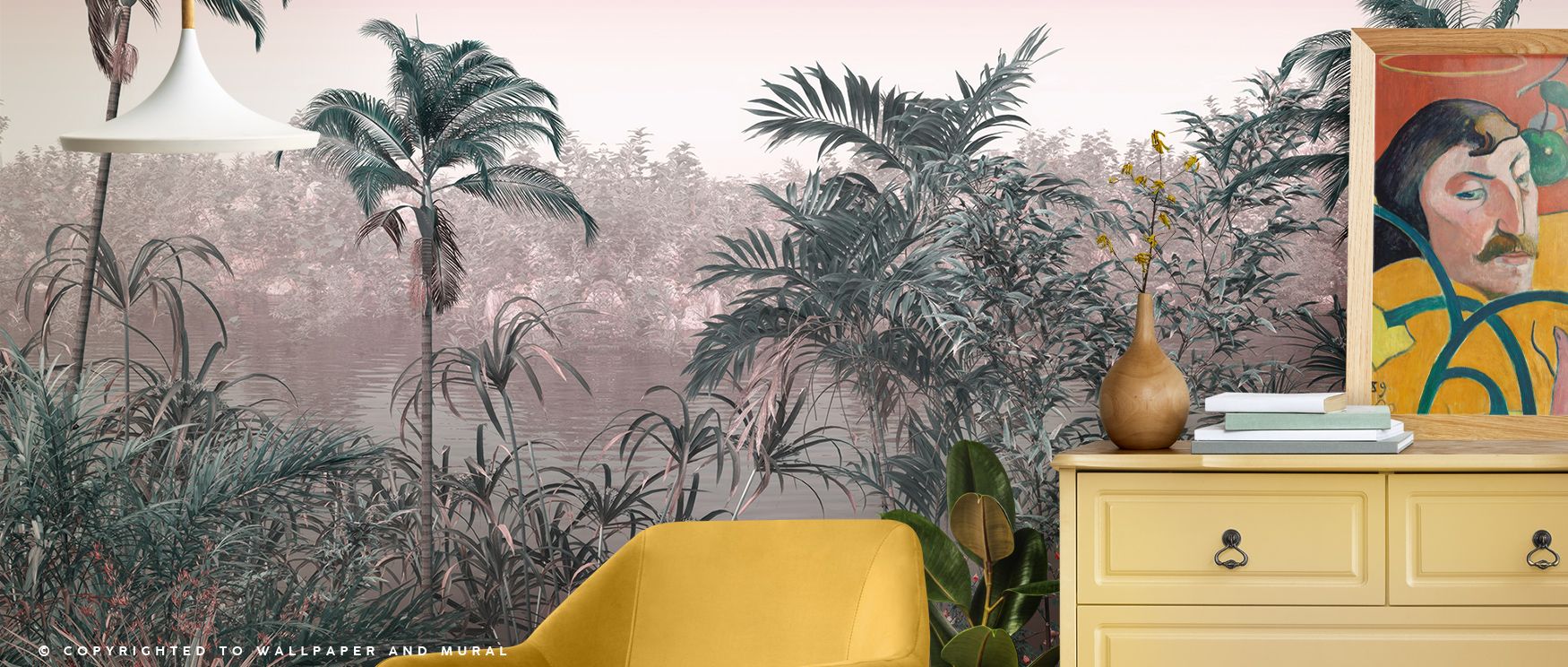Jungle Seashore Wallpaper presents tropical foliage merging with ocean hues. Perfect for bedrooms or kitchens, its imagery enriches interiors with balance. Each motif conveys vitality, shaping walls into lively backdrops that radiate warmth, artistry, and