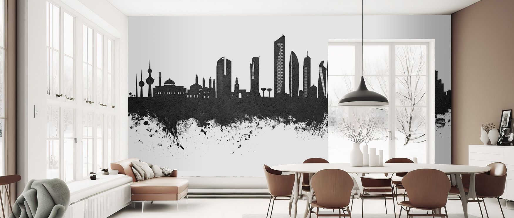 Metropolitan pride defines Kuwait City Skyline Black & White Wallpaper, imagery layered in bold monochrome. Perfect for offices or bedrooms, its motifs enrich atmosphere with strength. Each motif conveys balance, surrounding interiors with artistry and cu