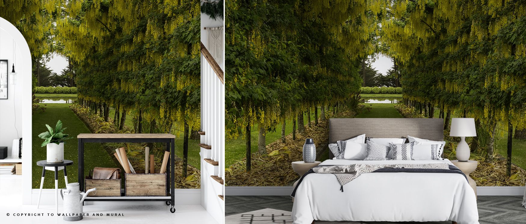Laburnum Walk Wallpaper reveals golden imagery shaped with botanical rhythm. Suited for living rooms or bedrooms, it enriches interiors with charm. Each motif conveys freshness, offering walls vibrancy and artistry that resonate naturally with timeless fl