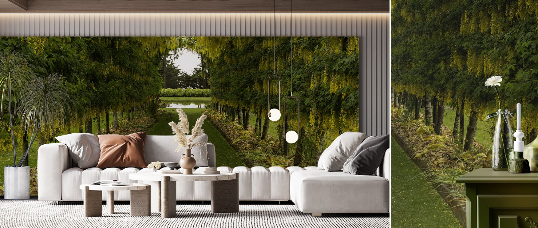 Laburnum Walk Wallpaper thrives on imagery shaped by golden blossoms arranged in rhythm. Perfect for living rooms or bedrooms, it enriches interiors with freshness. Each motif conveys charm, ensuring walls radiate vitality, balance, and botanical artistry