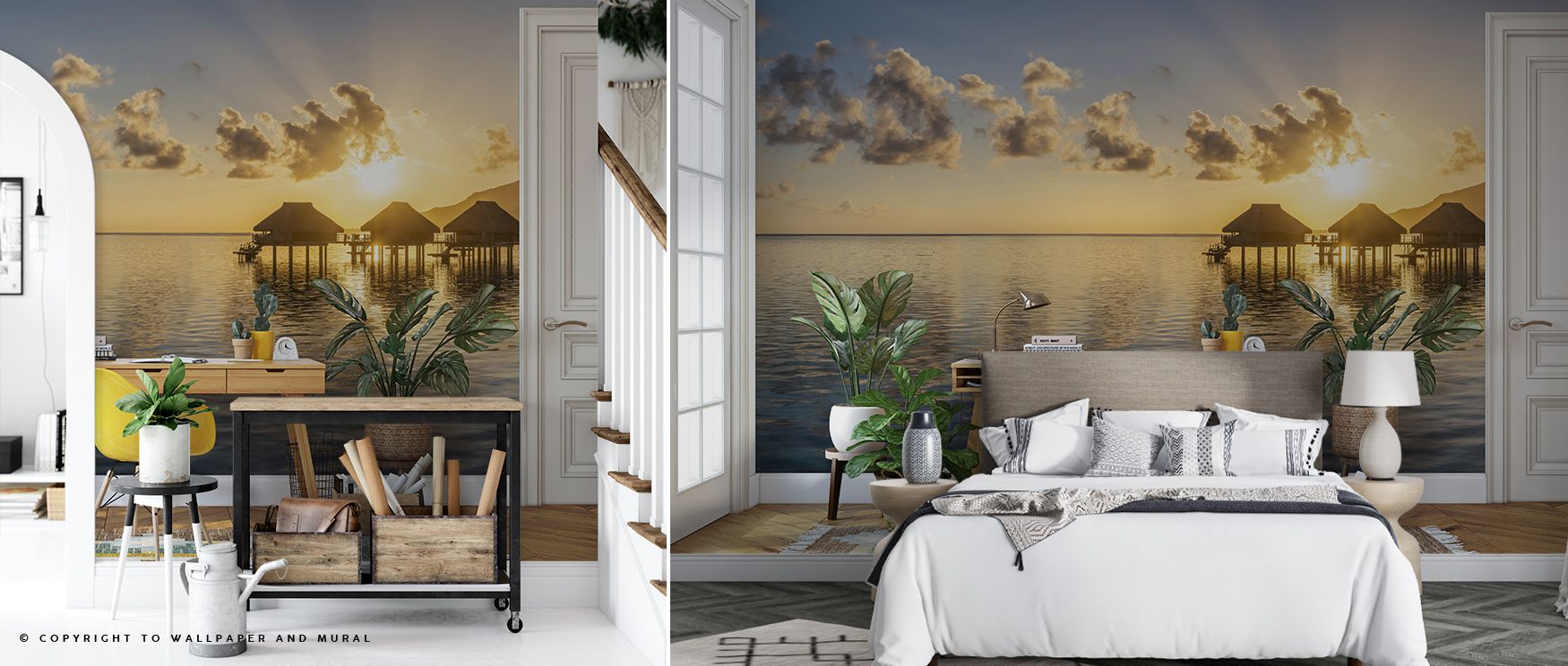 Lagoon Sunrise Wallpaper thrives on natural imagery layered in warm tones. Its motifs enrich living rooms or bedrooms with calm presence. Each detail conveys artistry, shaping walls into radiant backdrops filled with warmth, serenity, and timeless natural