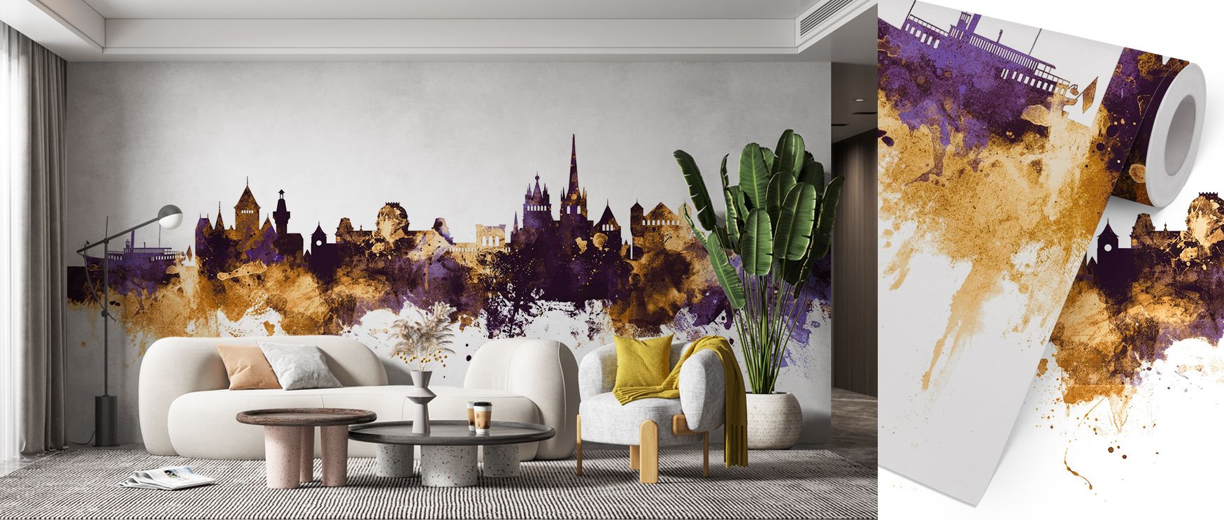 Lausanne Switzerland Skyline Purple & Gold Wallpaper presents cultural imagery layered in radiant tones. Its motifs enrich living rooms or bedrooms, offering strength. Each detail conveys artistry, ensuring interiors reflect pride, heritage, and bold metr