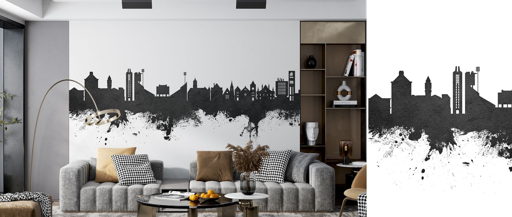 Lawrence Kansas Skyline Black & White Wallpaper presents city silhouettes layered in monochrome strength. Perfect for living rooms or bedrooms, it enriches atmosphere with heritage. Each motif conveys artistry, shaping walls into timeless backdrops filled