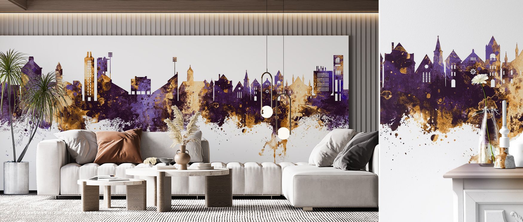Lawrence Kansas Skyline Purple & Gold Wallpaper thrives on architectural imagery layered in radiant tones. Its motifs enrich living rooms or bedrooms with character. Each motif conveys artistry, shaping walls into metropolitan reflections filled with cult