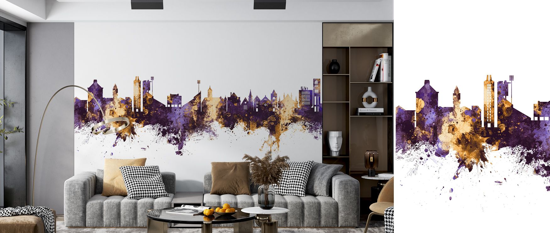 Lawrence Kansas Skyline Purple & Gold Wallpaper interprets cultural heritage into bold tones. Its motifs enrich offices or living rooms with strength. Each motif conveys artistry, ensuring interiors resonate with pride, heritage, and timeless metropolitan