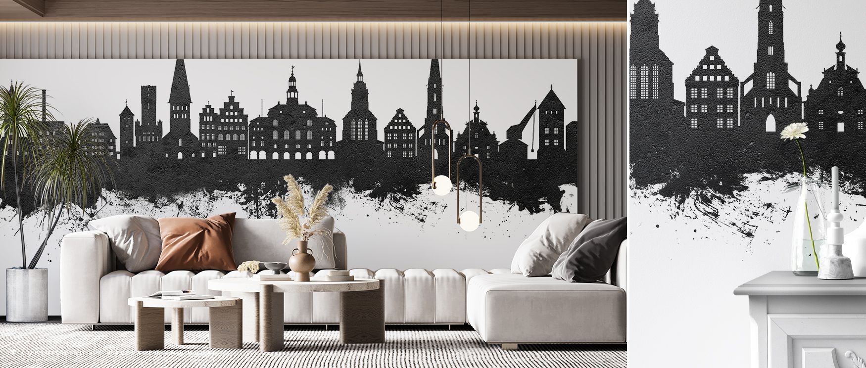Luneburg Germany Skyline Black & White Wallpaper blossoms with silhouettes layered in monochrome. Perfect for bedrooms or offices, it enriches interiors with balance. Each motif conveys artistry, ensuring walls resonate with heritage, pride, and cultural 