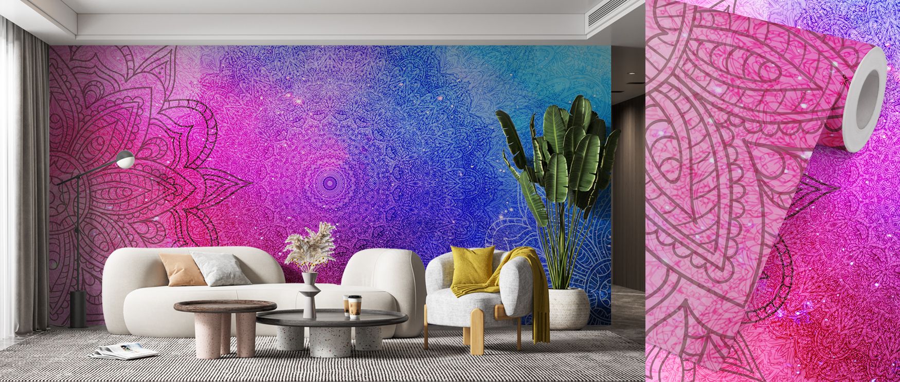 Mandala, Blue & Pink Wallpaper blossoms with circular motifs shaped in rhythm. Perfect for bedrooms or living rooms, it enriches atmosphere with balance. Each motif conveys artistry, ensuring walls resonate with calmness and creativity while shaping space