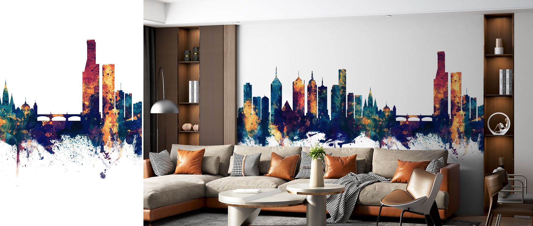 Melbourne Australia Skyline Blue & Bronze Wallpaper blossoms with skyline imagery layered in radiant tone. Perfect for offices or bedrooms, it enriches atmosphere with pride. Each motif conveys artistry, ensuring walls resonate with cultural pride, balanc
