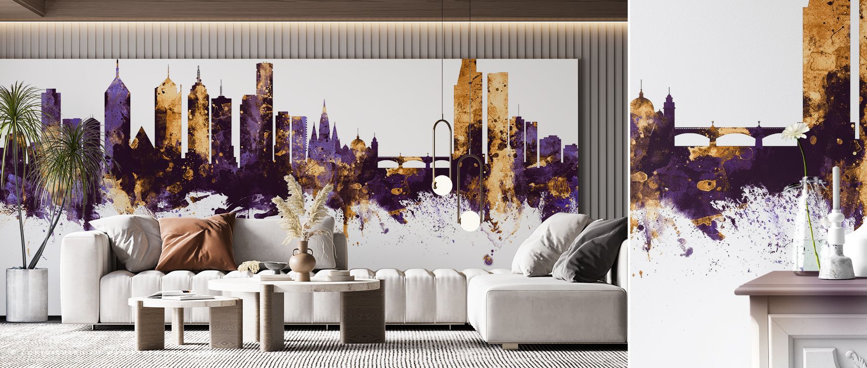 Melbourne Australia Skyline Purple & Gold Wallpaper reflects modern refinement through color harmony. Its architectural forms carry rhythm, blending iconic imagery with subtle composure. Perfect for bedrooms or living rooms, it delivers atmosphere filled 