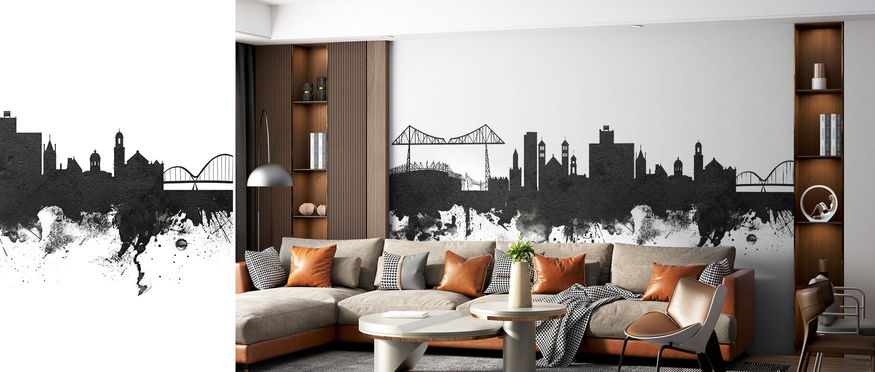 Middlesbrough England Skyline Black & White Wallpaper blends minimal tone with cultural charm. Its forms suggest heritage layered with elegance, enriching interiors with sophistication. Suitable for bedrooms or offices, it offers walls composure, turning 