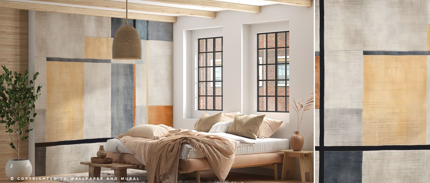 Mondrisque No.2 Wallpaper unfolds in structured rhythm, weaving geometry and balance into walls filled with calm atmosphere. Its abstract shapes carry both boldness and serenity, merging tone and line with precision. Perfect for bedrooms or offices, it tr