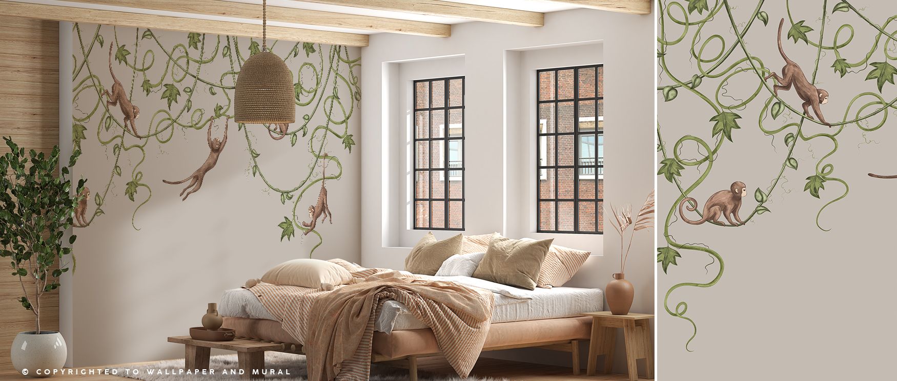 Playfulness thrives within the Monkey Jump, Greige Wallpaper, where whimsical monkeys leap across a neutral backdrop. Their energetic poses bring character and charm, turning walls into lively settings. Bedrooms, nurseries, or playrooms become enriched wi
