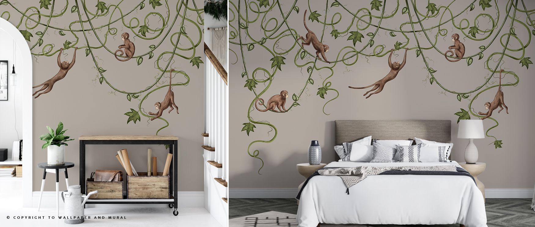 Whimsical energy defines the Monkey Jump, Greige Wallpaper, as charming monkeys create rhythmic movement across walls. Each detail encourages playfulness, making nurseries or children’s bedrooms come alive with design that is both vibrant and calming, bal