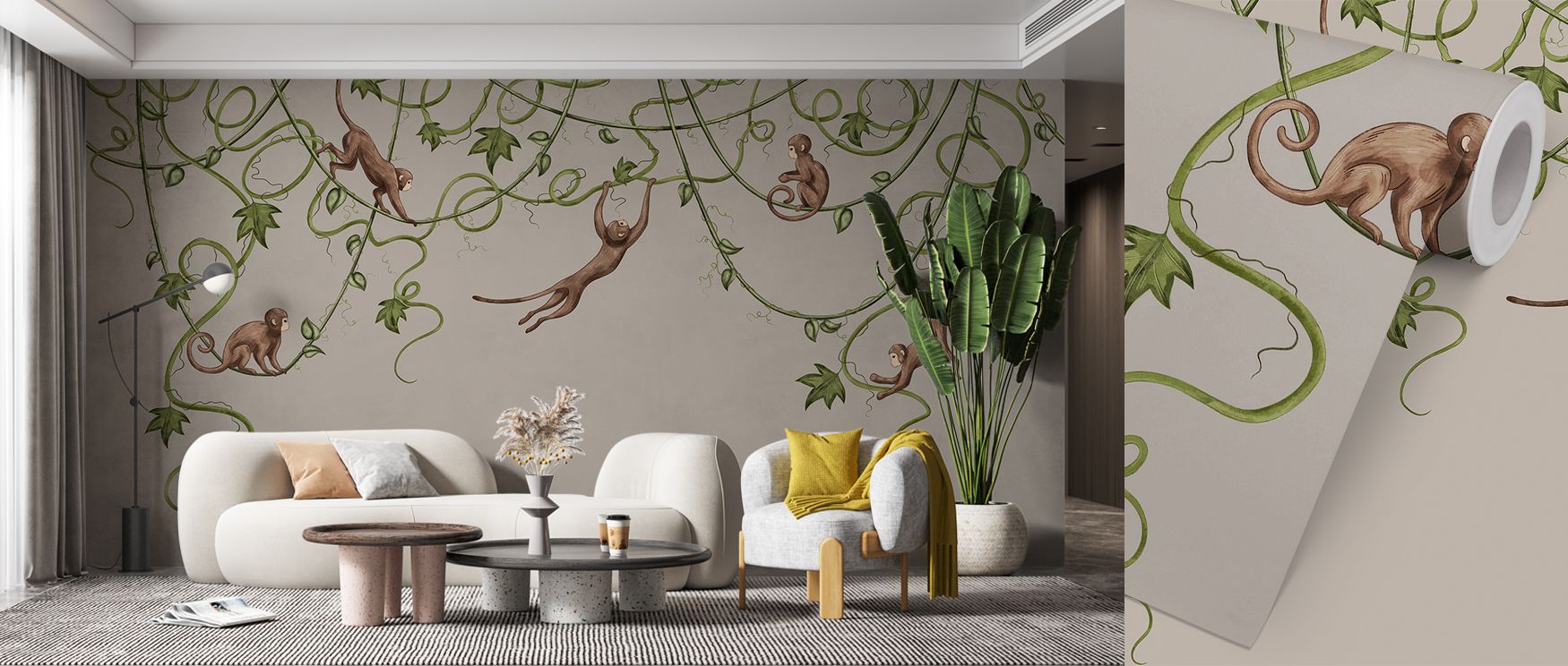 Across its soft background, the Monkey Jump, Greige Wallpaper showcases delightful forms that celebrate curiosity. Monkeys leap, swing, and play, infusing rooms with energy. Suitable for playrooms or bedrooms, the design creates cheerful walls that spark 