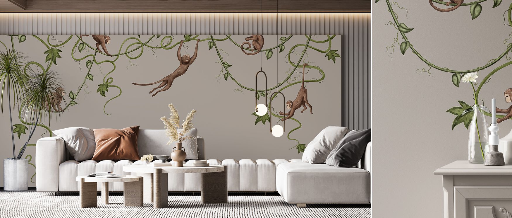 Joy is woven into the Monkey Jump, Greige Wallpaper, where patterns of monkeys suggest motion and storytelling. Interiors gain atmosphere filled with playfulness, perfect for nurseries or children’s bedrooms. Its greige palette ensures calm balance, allow