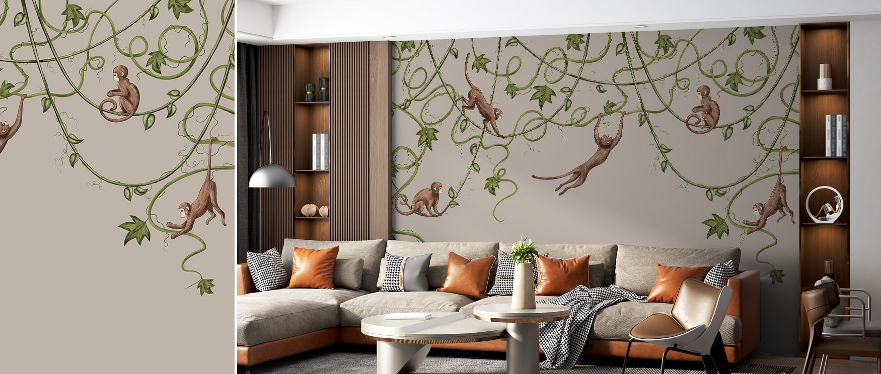 Lively patterns carry the Monkey Jump, Greige Wallpaper, as monkeys move across walls in spirited rhythm. This playful imagery transforms interiors, making bedrooms or playrooms feel filled with imagination. The design balances charm with calm tones, offe