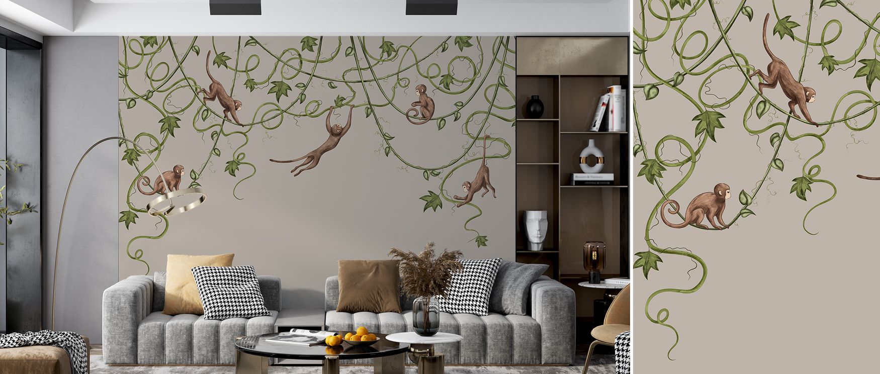 Monkeys appear in delightful motion within the Monkey Jump, Greige Wallpaper, filling spaces with character. The design turns walls into playful stories, adding charm into nurseries or playrooms. Its neutral backdrop balances vibrancy, ensuring interiors 