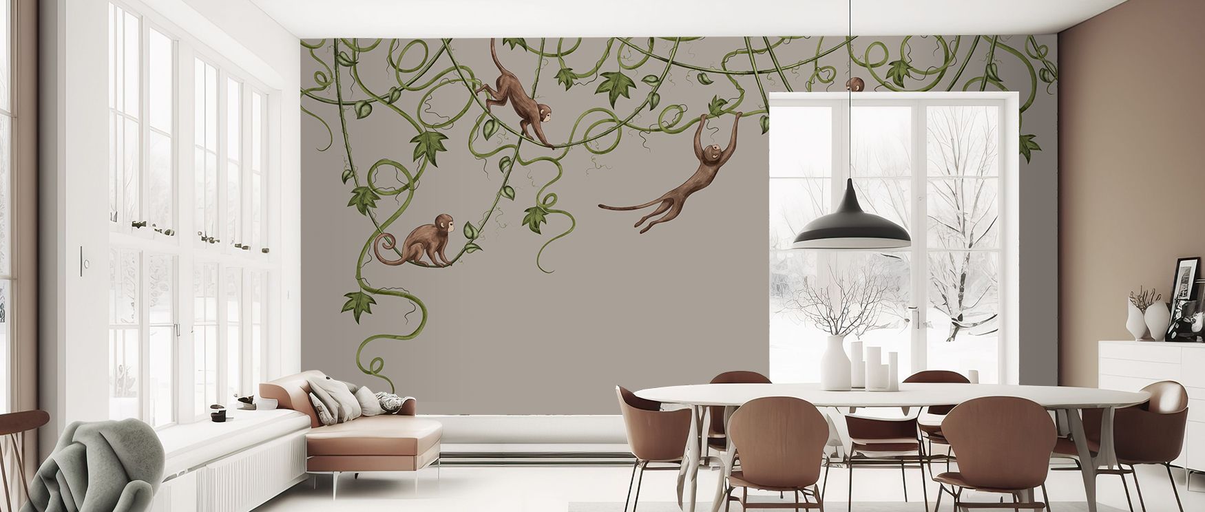 Imagination unfolds within the Monkey Jump, Greige Wallpaper, where whimsical details create stories across walls. Each monkey adds movement, making nurseries or children’s rooms vibrant. The neutral tones enrich balance, ensuring interiors remain calming