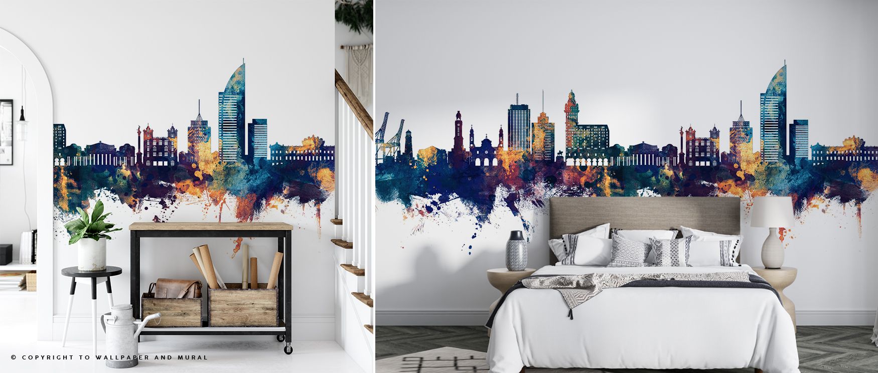 Montevideo Uruguay Skyline Blue & Bronze Wallpaper layers luminous tones across architecture, where deep blue merges with warm bronze. Its imagery reflects cultural vitality, enriching interiors. Perfect for offices or bedrooms, it creates atmosphere aliv