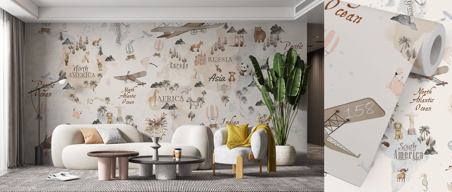 My First World Map Wallpaper layers playful motifs across walls, where forms suggest discovery. Its design enriches nurseries or bedrooms, creating atmosphere alive with imagination. Walls become enriched with wonder, shaping interiors into cheerful setti