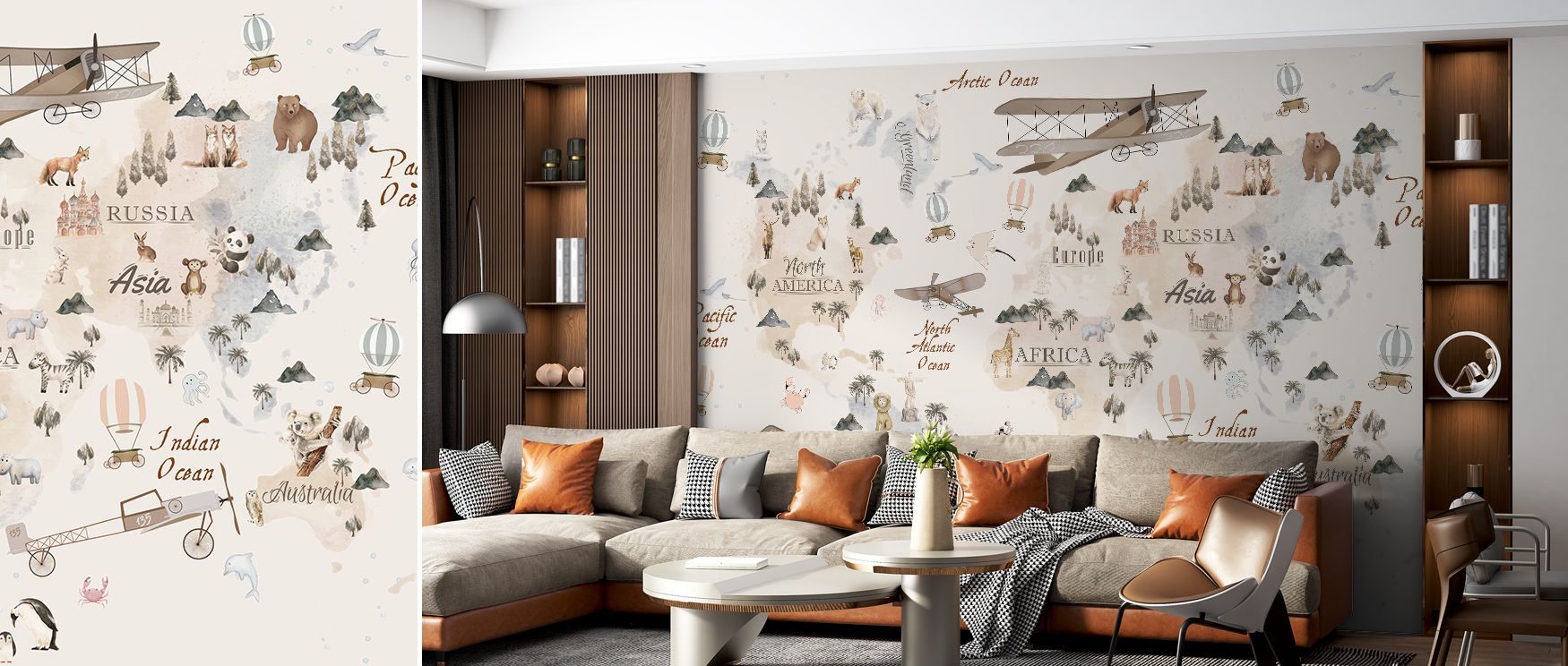 Playful energy defines the My First World Map Wallpaper, where motifs enrich composition. Its imagery transforms children’s bedrooms or nurseries into cheerful spaces. Interiors resonate with curiosity, offering atmosphere alive with exploration, balance,
