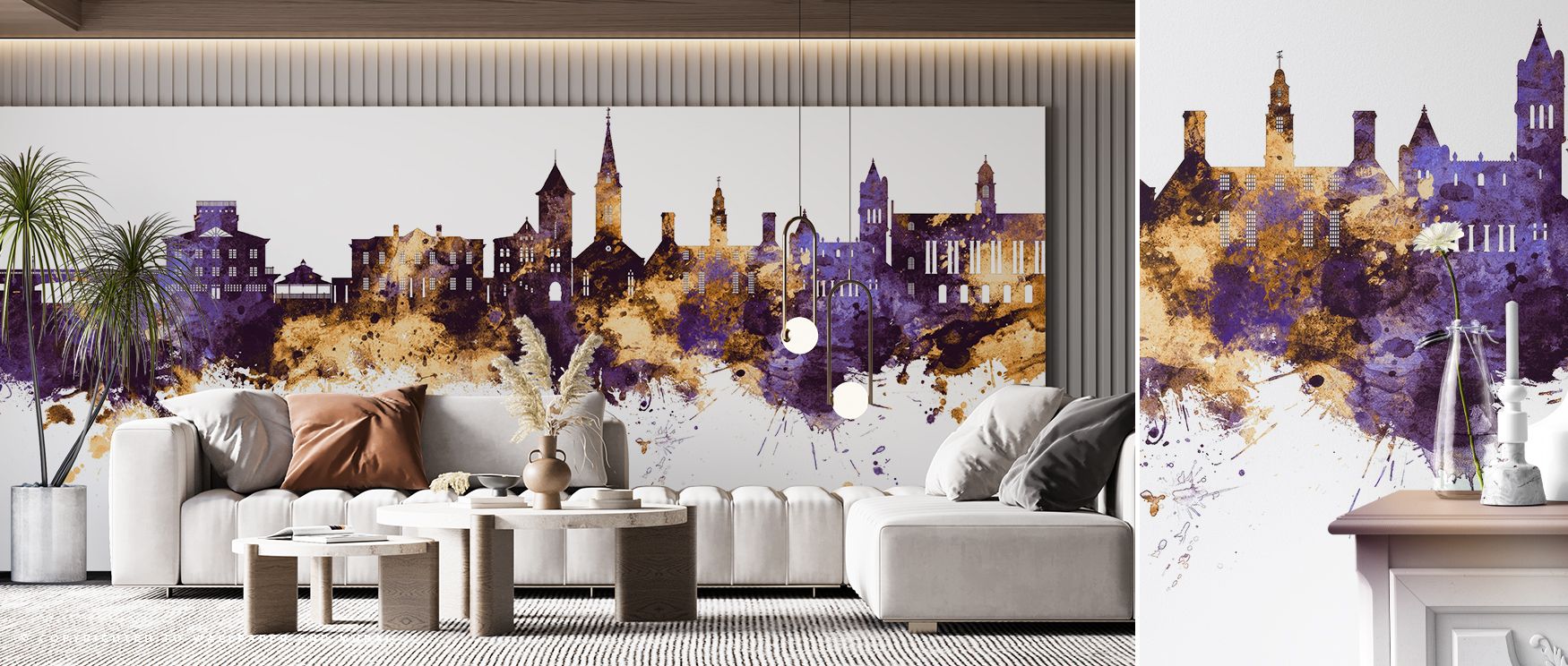 New Bern North Carolina Skyline Purple & Gold Wallpaper conveys grandeur through tonal contrasts, where imagery suggests rhythm. Its design enriches bedrooms or offices, creating atmosphere filled with composure. Walls gain refinement, turning interiors i