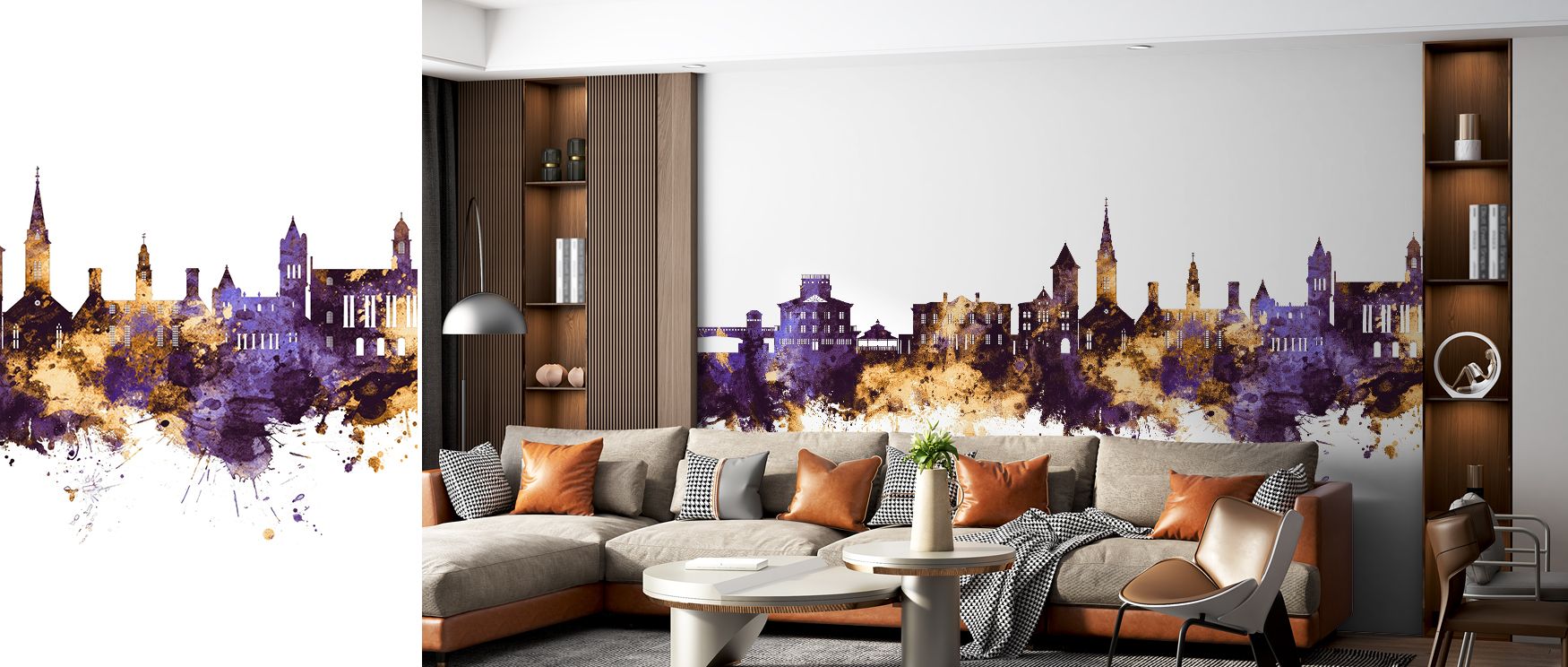Golden accents highlight the New Bern North Carolina Skyline Purple & Gold Wallpaper, where silhouettes rise with refinement. Its imagery enriches bedrooms or living rooms, creating atmosphere filled with sophistication. Walls resonate with composure, sha