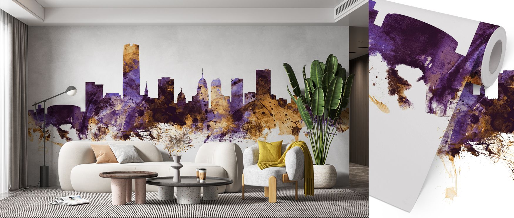 Oklahoma City Skyline Purple & Gold Wallpaper conveys metropolitan vitality through radiant tones, where imagery suggests energy. Its design enriches bedrooms or offices, creating atmosphere alive with rhythm. Walls reflect composure, turning interiors in