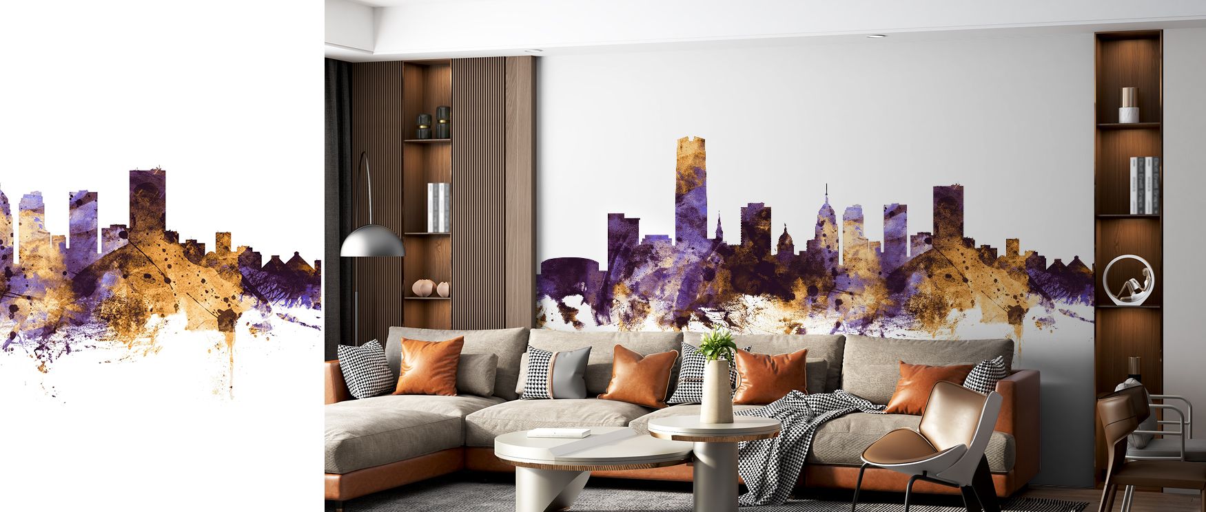 The Oklahoma City Skyline Purple & Gold Wallpaper layers radiant tones into silhouettes, where forms convey rhythm. Its design enriches bedrooms or offices, creating atmosphere alive with elegance. Walls gain refinement, turning interiors into metropolita